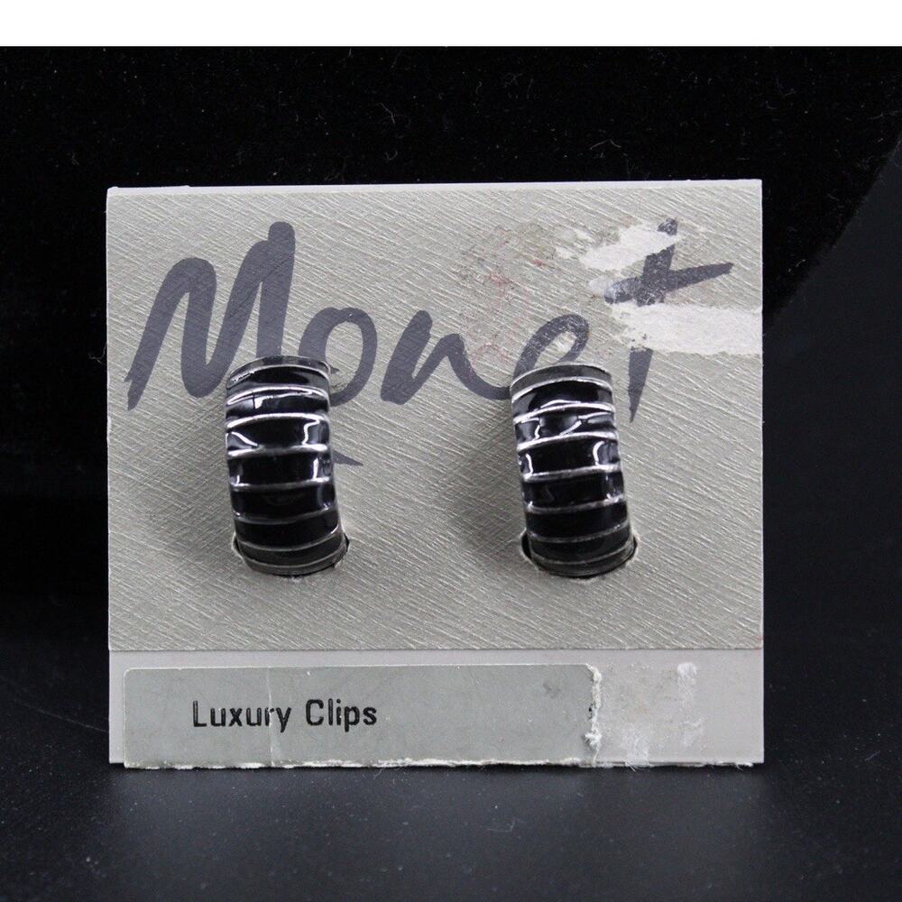 Vintage Monet Luxury Clips Black Enamel Silver Tone Clip On Earrings NOS Korea